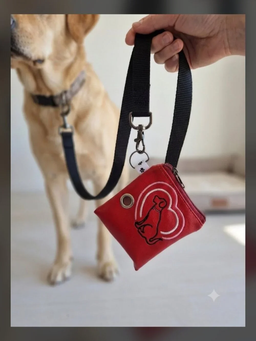Handcrafted Red Embroidered Dog Poop Bag Holder with Leash Clip Dispenser